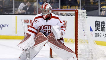 BOSTON, MA - MARCH 17: Boston University Terriers goaltender Jake Oettinger (29) gets set for a face off in the defensive zone during a Hockey East semifinal between the Boston University Terriers and the Boston College Eagles on March 17, 2017 at TD Garden in Boston, Massachusetts. The Eagles defeated the Terriers 3-2. (Photo by Fred Kfoury III/Icon Sportswire via Getty Images)
