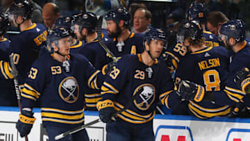 BUFFALO, NY - OCTOBER 25: Jason Pominville #29 of the Buffalo Sabres celebrates his first second period goal against the Montreal Canadiens during an NHL game on October 25, 2018 at KeyBank Center in Buffalo, New York. (Photo by Bill Wippert/NHLI via Getty Images)