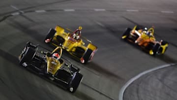 FORT WORTH, TX - JUNE 09: James Hinchcliffe, driver of the #5 Arrow Electronics SPM Honda, leads a group of cars during the Verizon IndyCar Series DXC Technology 600 at Texas Motor Speedway on June 9, 2018 in Fort Worth, Texas. (Photo by Jared C. Tilton/Getty Images)