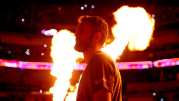 Kevin Love #0 of the Cleveland Cavaliers looks on prior to the game against the Miami Heat(Photo by Michael Reaves/Getty Images)