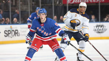 NEW YORK, NY - JANUARY 18: Vinni Lettieri #95 of the New York Rangers skates against the Buffalo Sabres at Madison Square Garden on January 18, 2018 in New York City. The New York Rangers won 4-3. (Photo by Jared Silber/NHLI via Getty Images)