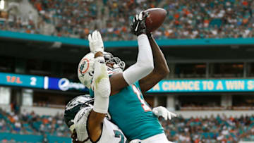 MIAMI, FLORIDA - DECEMBER 01: DeVante Parker #11 of the Miami Dolphins makes a catch against the Philadelphia Eagles during the second quarter at Hard Rock Stadium on December 01, 2019 in Miami, Florida. (Photo by Michael Reaves/Getty Images)