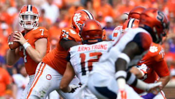 CLEMSON, SC - SEPTEMBER 29: Quarterback Chase Brice #7 drops back to pass against the Syracuse Orange during the football game at Clemson Memorial Stadium on September 29, 2018 in Clemson, South Carolina. (Photo by Mike Comer/Getty Images)