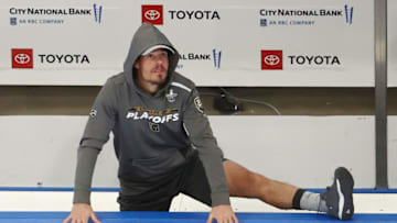 Nick Cousins #21 of the Vegas Golden Knights stretches prior to warm-ups and the game against the Dallas Stars. (Photo by Bruce Bennett/Getty Images)