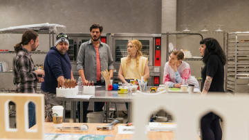 Geof Manthorne, Host Duff Goldman, Sonny Robinson, Natalie Sideserf and Elena Fox discuss their progress on the Ancient Worlds Challenge, as seen on Buddy vs Duff, Season 3. Photo courtesy Food Network