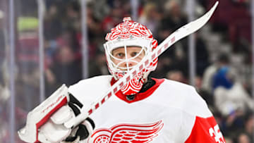 Apr 4, 2023; Montreal, Quebec, CAN; Detroit Red Wings goalie Ville Husso (35) against the Montreal Canadiens during the second period at Bell Centre. Mandatory Credit: David Kirouac-USA TODAY Sports