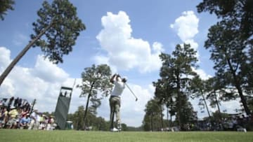 Jun 11, 2014; Pinehurst, NC, USA; Adam Scott tees off on the 8th tee during a practice round for the U.S. Open golf tournament at Pinehurst No. 2 at Pinehurst Resort & Country Club. Mandatory Credit: Jason Getz-USA TODAY Sports