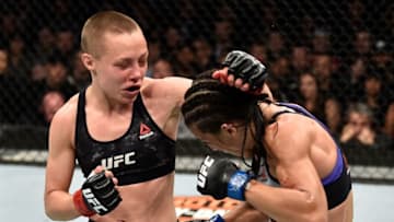 BROOKLYN, NEW YORK - APRIL 07: (L-R) Rose Namajunas punches Joanna Jedrzejczyk of Poland in their women's strawweight title bout during the UFC 223 event inside Barclays Center on April 7, 2018 in Brooklyn, New York. (Photo by Jeff Bottari/Zuffa LLC/Zuffa LLC via Getty Images)