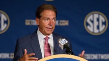 Jul 17, 2014; Hoover, AL, USA; Alabama Crimson Tide head coach Nick Saban talks to the media during the SEC football media days at the Wynfrey Hotel. Mandatory Credit: Marvin Gentry-USA TODAY Sports