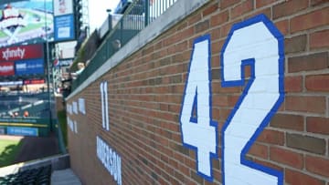Apr 24, 2016; Detroit, MI, USA; A detailed view of the retired number of Jackie Robinson painted on the outfield wall at Comerica Park. The Indians won 6-3. Mandatory Credit: Aaron Doster-USA TODAY Sports
