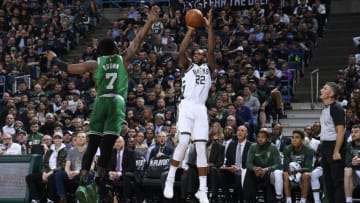 Milwaukee, WI - APRIL 20: Khris Middleton #22 of the Milwaukee Bucks shoots the ball against the Boston Celtics in Game Three of Round One of the 2018 NBA Playoffs on April 20, 2018 at the BMO Harris Bradley Center in Milwaukee, Wisconsin. NOTE TO USER: User expressly acknowledges and agrees that, by downloading and or using this Photograph, user is consenting to the terms and conditions of the Getty Images License Agreement. Mandatory Copyright Notice: Copyright 2018 NBAE (Photo by Brian Babineau/NBAE via Getty Images)