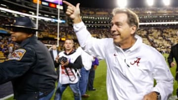 Nov 8, 2014; Baton Rouge, LA, USA; Alabama Crimson Tide head coach Nick Saban celebrates after an overtime win against the LSU Tigers in a game at Tiger Stadium. Alabama defeated LSU 20-13. Mandatory Credit: Derick E. Hingle-USA TODAY Sports