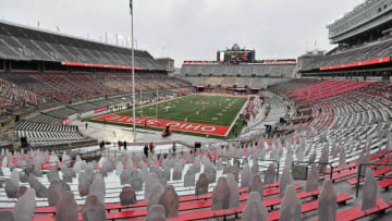 COLUMBUS, OH - NOVEMBER 21: The Ohio State Buckeyes kick off to the Indiana Hoosiers at Ohio Stadium on November 21, 2020 in Columbus, Ohio. Ohio Stadium can hold more than 100,000 fans but had none present as the Buckeyes defeated the Hoosiers 42-35. (Photo by Jamie Sabau/Getty Images)