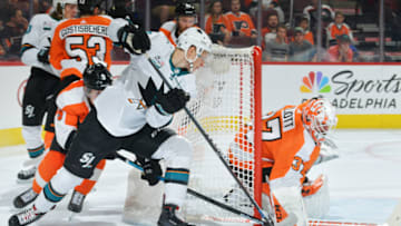 PHILADELPHIA, PA - OCTOBER 09: Antti Suomela #40 of the San Jose Sharks tries to backhand the puck past Brian Elliott #37 of the Philadelphia Flyers at the Wells Fargo Center on October 9, 2018 in Philadelphia, Pennsylvania. The Sharks 8-2. (Photo by Drew Hallowell/Getty Images)