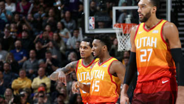 Jordan Clarkson, Donovan Mitchell, Rudy Gobert, Utah Jazz. Copyright 2019 NBAE (Photo by Melissa Majchrzak/NBAE via Getty Images)