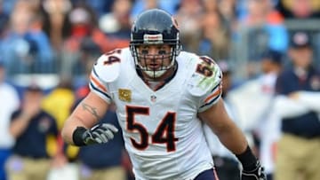 Nov 4, 2012; Nashville, TN, USA; Chicago Bears linebacker Brian Urlacher (54) pursues a Tennessee Titans ball carrier during the second half at LP Field. The Bears beat the Titans 51-20. Mandatory credit: Don McPeak-US Presswire