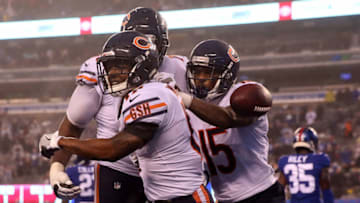 EAST RUTHERFORD, NEW JERSEY - DECEMBER 02: Anthony Miller #17 of the Chicago Bears celebrates his touchdown in the final seconds of regulation play with teammates Bobby Massie #70 and Josh Bellamy #15 to force overtime against the New York Giants at MetLife Stadium on December 02, 2018 in East Rutherford, New Jersey. (Photo by Elsa/Getty Images)