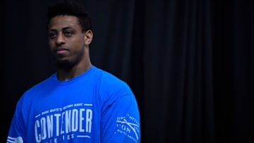 LAS VEGAS, NV - JUNE 12: Greg Hardy warms up backstage prior to his heavyweight bout against Austen Lane during Dana White's Tuesday Night Contender Series at the TUF Gym on June 12, 2018 in Las Vegas, Nevada. (Photo by Jeff Bottari/DWTNCS LLC)