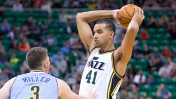 Oct 22, 2015; Salt Lake City, UT, USA; Denver Nuggets guard Mike Miller (3) defends against Utah Jazz forward Trey Lyles (41) during the second half at EnergySolutions Arena. The Jazz won 98-78. Mandatory Credit: Russ Isabella-USA TODAY Sports
