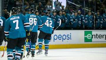 Mar 19, 2016; San Jose, CA, USA; San Jose Sharks right wing Joel Ward (42) celebrates scoring against the New York Rangers in the 2nd period at SAP Center at San Jose. Mandatory Credit: John Hefti-USA TODAY Sports.