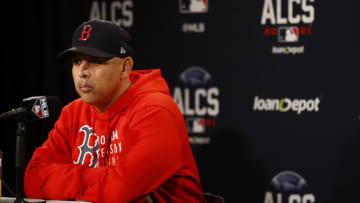 BOSTON, MASSACHUSETTS - OCTOBER 19: Boston Red Sox manager Alex Cora talks to the media prior to Game Four of the American League Championship Series against the Houston Astros at Fenway Park on October 19, 2021 in Boston, Massachusetts. (Photo by Omar Rawlings/Getty Images)