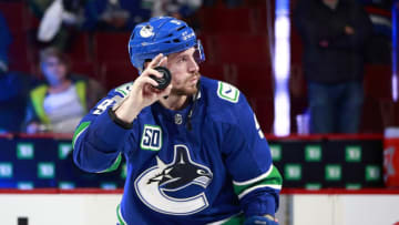 VANCOUVER, BC - DECEMBER 21: J.T. Miller #9 of the Vancouver Canucks waves to fans after their game against the Pittsburgh Penguins at Rogers Arena December 21, 2019 in Vancouver, British Columbia, Canada. Vancouver won 4-1. (Photo by Jeff Vinnick/NHLI via Getty Images)