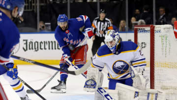 Apr 10, 2023; New York, New York, USA; Buffalo Sabres goaltender Devon Levi (27) plays the puck against the New York Rangers during the second period at Madison Square Garden. Mandatory Credit: Brad Penner-USA TODAY Sports