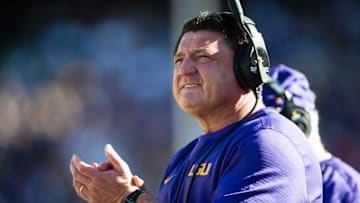 Nov 19, 2016; Baton Rouge, LA, USA; LSU Tigers interim head coach Ed Orgeron watches his team take on the Florida Gators during the game at Tiger Stadium. The Gators defeat the Tigers 16-10. Mandatory Credit: Jerome Miron-USA TODAY Sports