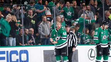 DALLAS, TX - JANUARY 23: Dillon Heatherington #48 of the Dallas Stars heads off to the penalty box after a scrap against the Florida Panthers at the American Airlines Center on January 23, 2018 in Dallas, Texas. (Photo by Glenn James/NHLI via Getty Images)