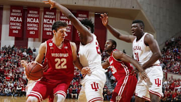 Jan 3, 2017; Bloomington, IN, USA; Wisconsin Badgers forward Ethan Happ (22) drives to the basket against Indiana Hoosiers forward De