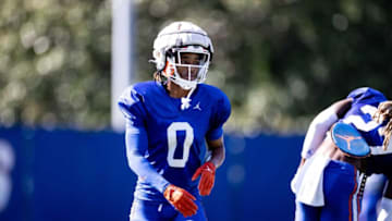 Florida Gators cornerback Sharif Denson (0) walks off the field during spring football practice at Sanders Outdoor Practice Fields in Gainesville, FL on Thursday, March 23, 2023. [Matt Pendleton/Gainesville Sun]Ncaa Football Florida Gators Spring Football Practice