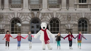 LONDON, ENGLAND - NOVEMBER 12: Snoopy joins future star skaters on the ice to celebrate the launch of Skate at Somerset House with Fortnum & Mason 2018 and winter exhibition Good Grief, Charlie Brown on November 12, 2018 in London, England. (Photo by John Phillips/Getty Images)