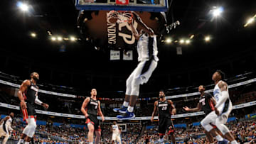 ORLANDO, FL - OCTOBER 7: Bismack Biyombo #11 of the Orlando Magic dunks against the Miami Heat during a preseason game on October 8, 2017 at Amway Center in Orlando, Florida. NOTE TO USER: User expressly acknowledges and agrees that, by downloading and or using this photograph, User is consenting to the terms and conditions of the Getty Images License Agreement. Mandatory Copyright Notice: Copyright 2017 NBAE (Photo by Fernando Medina/NBAE via Getty Images)