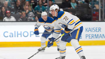 Feb 18, 2023; San Jose, California, USA; Buffalo Sabres center Tage Thompson (72) controls the puck during the third period against the San Jose Sharks at SAP Center at San Jose. Mandatory Credit: Stan Szeto-USA TODAY Sports