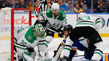 ST. LOUIS, MO - MAY 3: Ben Bishop #30 of the Dallas Stars makes a save against Ryan O'Reilly #90 of the St. Louis Blues in Game Five of the Western Conference Second Round during the 2019 NHL Stanley Cup Playoffs at the Enterprise Center on May 3, 2019 in St. Louis, Missouri. (Photo by Dilip Vishwanat/Getty Images)