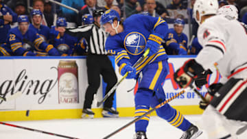 Oct 29, 2022; Buffalo, New York, USA; Buffalo Sabres right wing Tage Thompson (72) takes a shot on goal during the second period against the Chicago Blackhawks at KeyBank Center. Mandatory Credit: Timothy T. Ludwig-USA TODAY Sports
