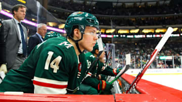 Oct 12, 2019; Saint Paul, MN, USA; Minnesota Wild center Joel Eriksson Ek (14) looks on in the third period against the Pittsburgh Penguins at Xcel Energy Center. Mandatory Credit: David Berding-USA TODAY Sports