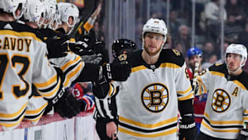 MONTREAL, QC - NOVEMBER 26: David Pastrnak #88 of the Boston Bruins celebrates with the bench after scoring a goal against the Montreal Canadiens in the NHL game at the Bell Centre on November 26, 2019 in Montreal, Quebec, Canada. (Photo by Francois Lacasse/NHLI via Getty Images)