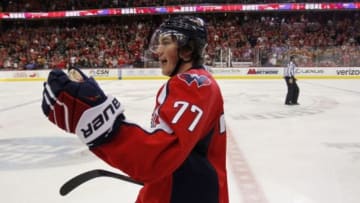 Nov 27, 2015; Washington, DC, USA; Washington Capitals right wing T.J. Oshie (77) celebrates after scoring a goal against the Tampa Bay Lightning in the third period at Verizon Center. The Capitals won 4-2. Mandatory Credit: Geoff Burke-USA TODAY Sports
