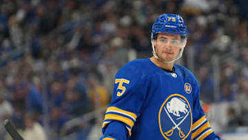 BUFFALO, NY - OCTOBER 12: Connor Clifton #75 of the Buffalo Sabres during the game against the New York Rangers at KeyBank Center on October 12, 2023 in Buffalo, New York. (Photo by Kevin Hoffman/Getty Images)