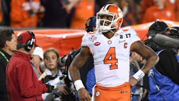 Jan 9, 2017; Tampa, FL, USA; Clemson Tigers quarterback Deshaun Watson (4) smiles during the fourth quarter against the Alabama Crimson Tide in the 2017 College Football Playoff National Championship Game at Raymond James Stadium. Mandatory Credit: John David Mercer-USA TODAY Sports