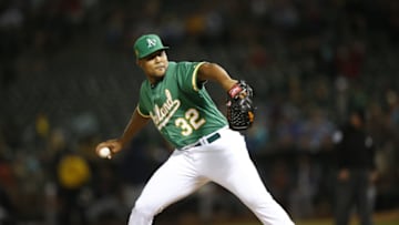 OAKLAND, CA - AUGUST 3: Jeurys Familia #32 of the Oakland Athletics pitches during the game against the Detroit Tigers at the Oakland Alameda Coliseum on August 3, 2018 in Oakland, California. The Athletics defeated the Tigers 1-0. (Photo by Michael Zagaris/Oakland Athletics/Getty Images)