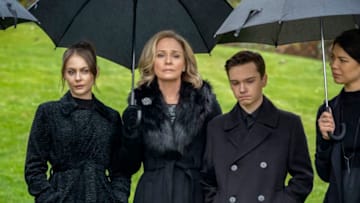 Arrow -- "Fadeout" -- Image Number: AR810C_0123b.jpg -- Pictured (L-R): Willa Holland as Thea Queen, Susanna Thompson as Moira Queen, Jack Moore as William Clayton and Sea Shimooka as Emiko Queen -- Photo: Colin Bentley/The CW -- © 2020 The CW Network, LLC. All Rights Reserved.