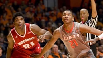 Jan 31, 2016; Champaign, IL, USA; Illinois Fighting Illini guard Malcolm Hill (21) boxes out Wisconsin Badgers forward Khalil Iverson (21) during the second half at State Farm Center. Wisconsin beat Illinois 63 to 55. Mandatory Credit: Mike Granse-USA TODAY Sports