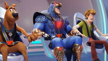(L-r) Scooby-Doo voiced by FRANK WELKER, Blue Falcon voiced by MARK WAHLBERG and Shaggy voiced by WILL FORTE and in the new animated adventure “SCOOB!” from Warner Bros. Pictures and Warner Animation Group. Courtesy of Warner Bros. Pictures