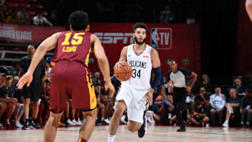 LAS VEGAS, NV - JULY 10: Kenrich Williams #34 of the New Orleans Pelicans handles the ball against the Cleveland Cavaliers on July 10, 2019 at the Thomas & Mack Center in Las Vegas, Nevada. NOTE TO USER: User expressly acknowledges and agrees that, by downloading and/or using this Photograph, user is consenting to the terms and conditions of the Getty Images License Agreement. Mandatory Copyright Notice: Copyright 2019 NBAE (Photo by Garrett Ellwood/NBAE via Getty Images)