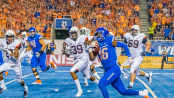 BOISE, ID - SEPTEMBER 08: Boise State Broncos wide receiver John Hightower (16) outruns Connecticut Huskies defensive back Ryan Carroll (39) and Connecticut Huskies linebacker Omar Fortt (27) for a touchdown during the game between the Connecticut Huskies vs the Boise Broncos on Saturday, September 8, 2018, at Albertsons Stadium in Boise, Idaho. (Photo by Douglas Stringer/Icon Sportswire via Getty Images)
