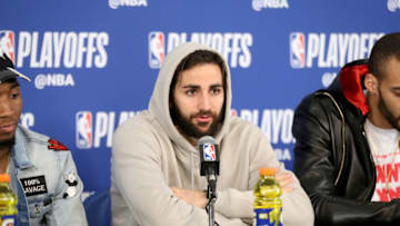 OKLAHOMA CITY, OK - APRIL 25: Ricky Rubio #3 of the Utah Jazz talks with media after the game against the Oklahoma City Thunder in Game Five of Round One of the 2018 NBA Playoffs on April 25, 2018 at Chesapeake Energy Arena in Oklahoma City, Oklahoma. Copyright 2018 NBAE (Photo by Layne Murdoch/NBAE via Getty Images)