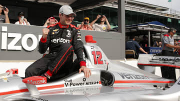 INDIANAPOLIS, IN - MAY 11: Indycar driver Will Power (12) of Team Penske reacts as he gets out of his car after winning the pole during qualifications for the IndyCar Grand Prix on May 11, 2018, at the Indianapolis Motor Speedway Road Course in Indianapolis, Indiana.(Photo by Jeffrey Brown/Icon Sportswire via Getty Images)