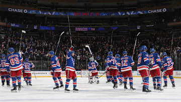 NEW YORK, NY - JANUARY 16: The New York Rangers salute the crowd after defeating the Philadelphia Flyers 5-1 at Madison Square Garden on January 16, 2018 in New York City. (Photo by Jared Silber/NHLI via Getty Images)